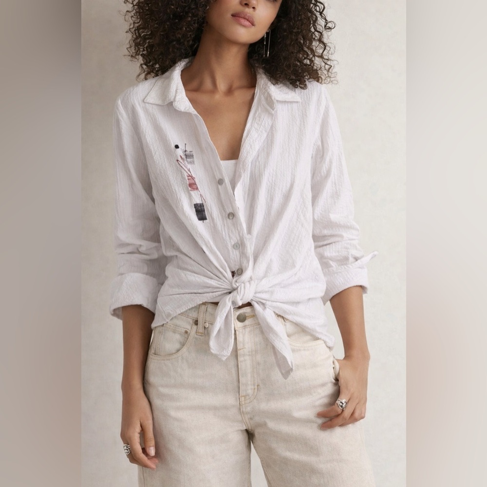 White Button-Up Shirt with Abstract Design